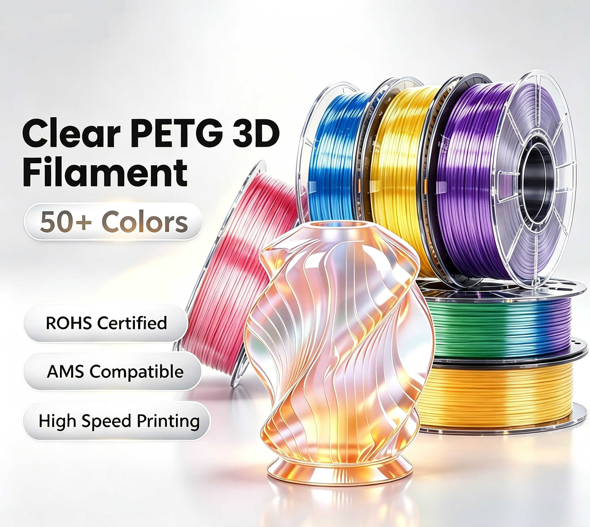 Filamento PETG transparente e cristalino, 1,75 mm, 1 kg; consumíveis PETG de alto brilho para impressoras 3D, ideais para luminárias e decoração residencial
