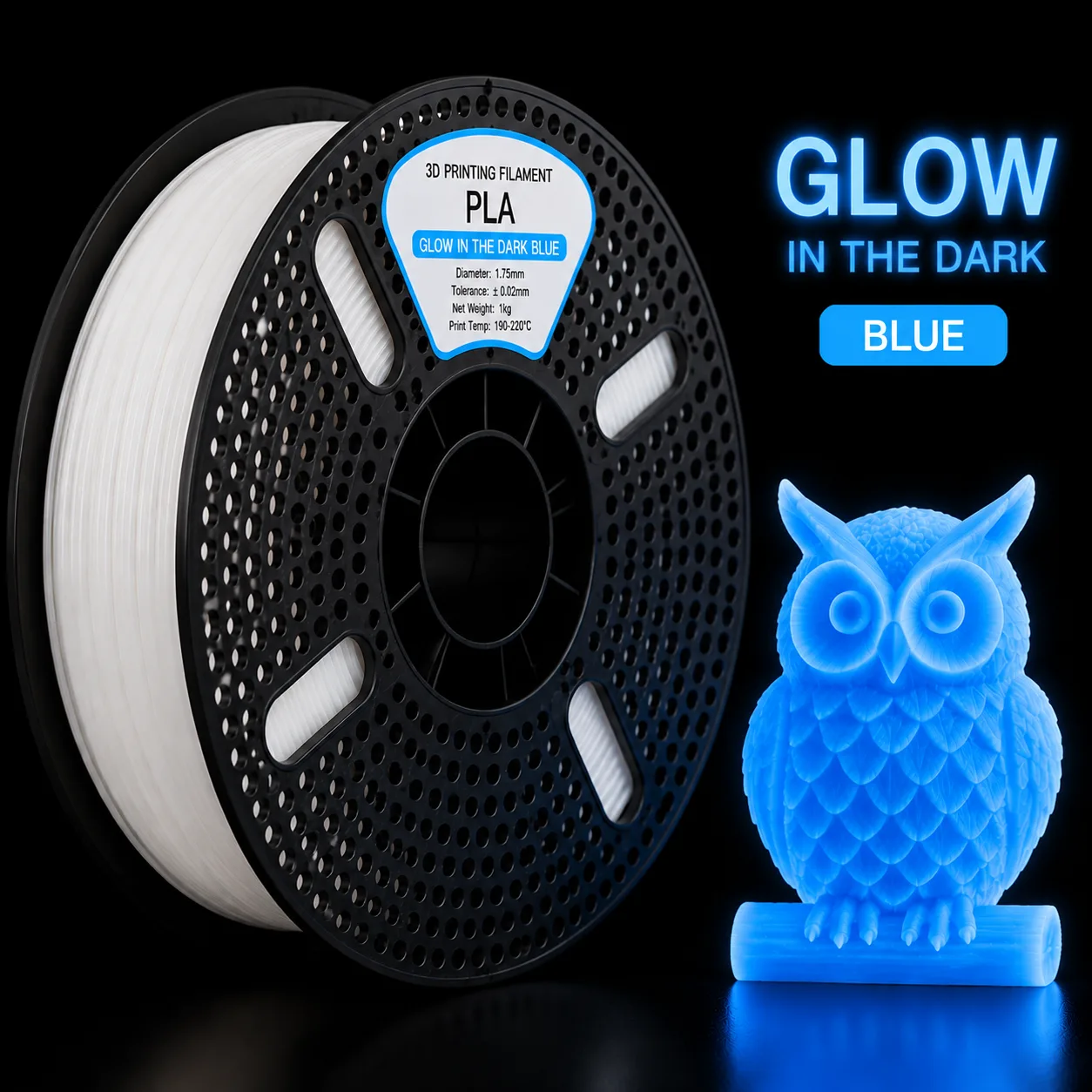 Filament PLA rapide 1,75 mm, bleu luminescent, filament pour imprimante 3D phosphorescent dans l’obscurité à haute vitesse, 1 kg, brillant et à longue durée de rémanence